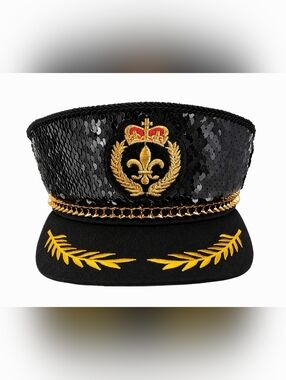 Black Sequin Captain's Hat with Gold Embroidery/ ADJUSTABLE / UNISEX